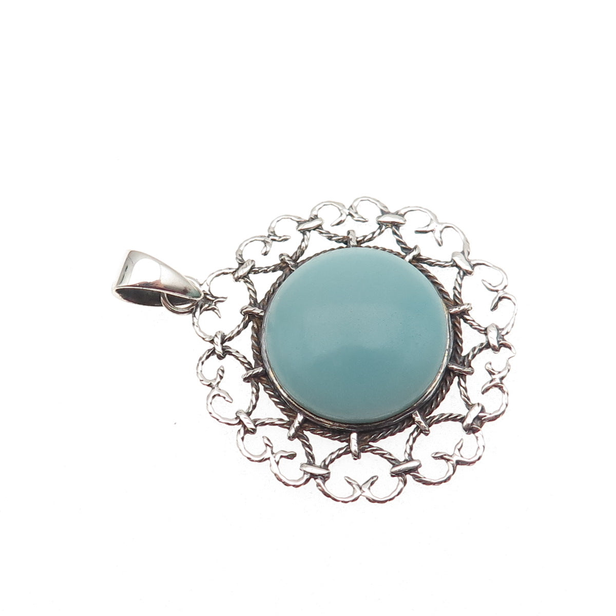 925 Sterling Silver Vintage Real Amazonite Heart Ornate Charm Pendant