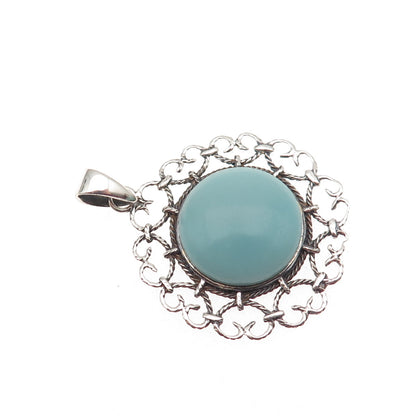 925 Sterling Silver Vintage Real Amazonite Heart Ornate Charm Pendant