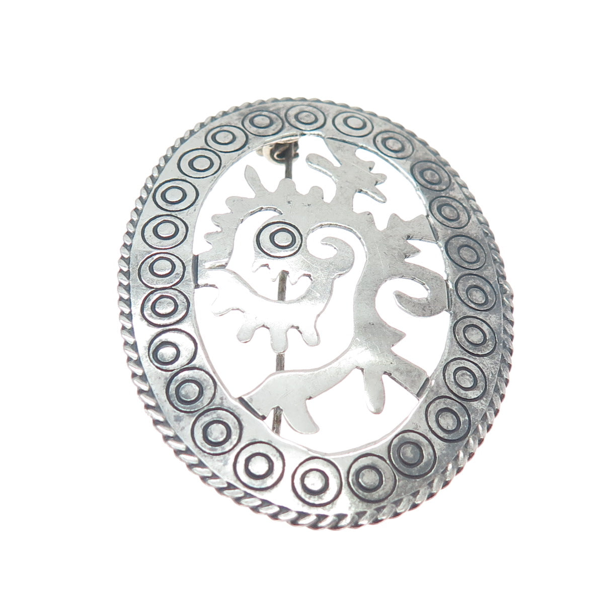 925 Sterling Silver Vintage Mexico Aztec God Quetzalcoatl Oxidized Pin Brooch