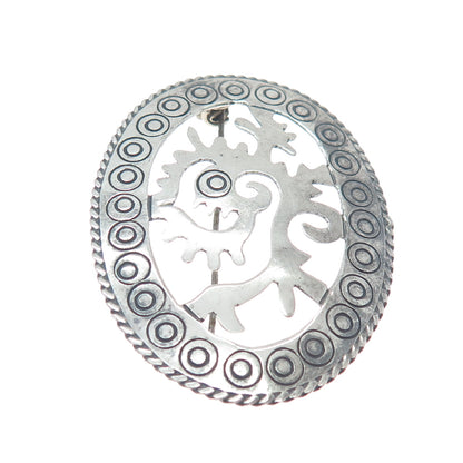 925 Sterling Silver Vintage Mexico Aztec God Quetzalcoatl Oxidized Pin Brooch