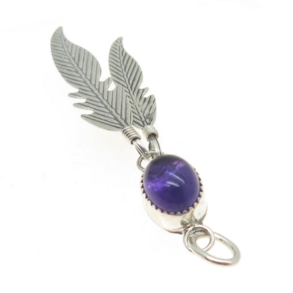 EDE NAVAJO Sterling Silver Vintage Southwestern Real Amethyst Feather Pendant