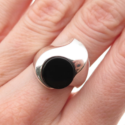 925 Sterling Silver Vintage Israel Real Black Onyx Modernist Flame Ring Size 6.5