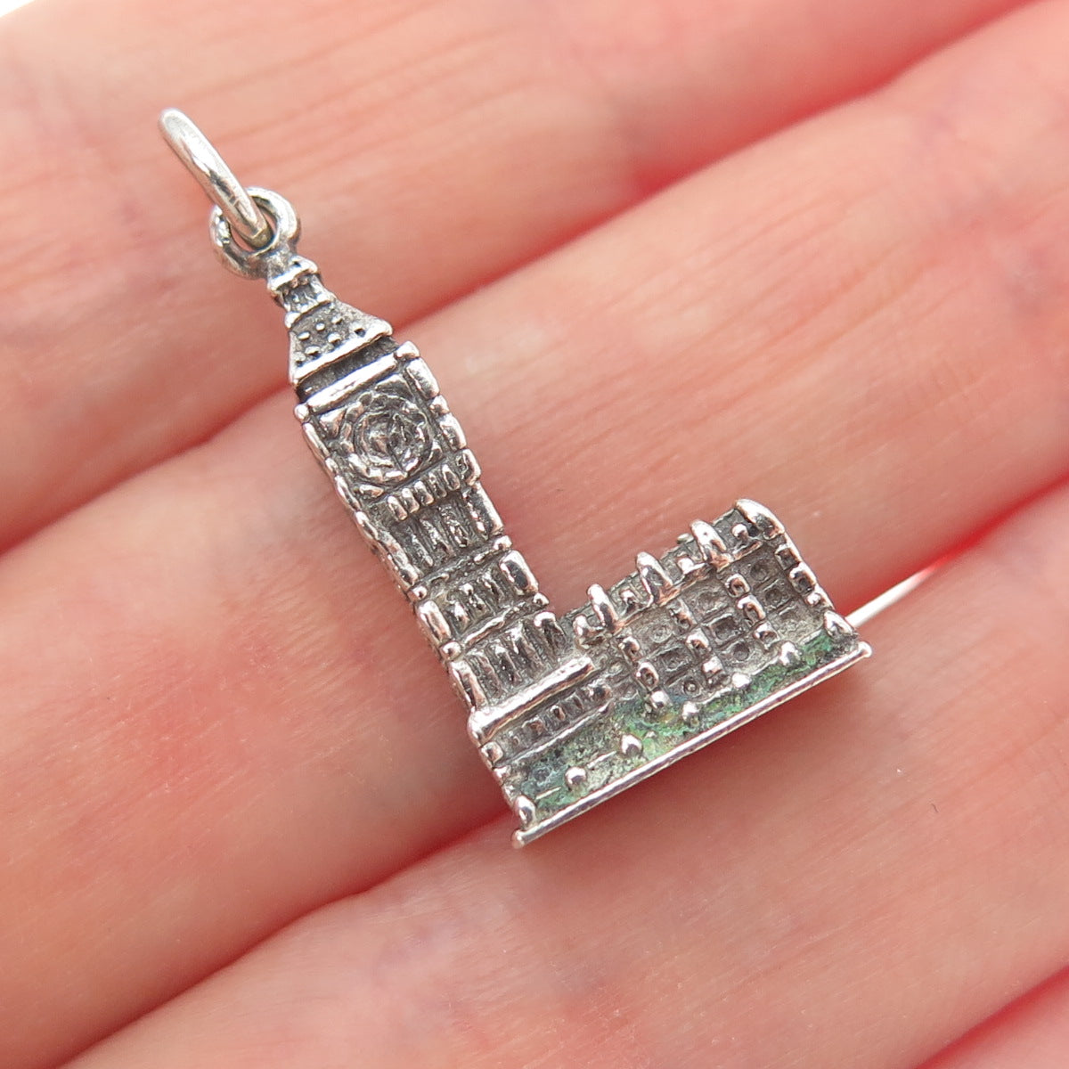 925 Sterling Silver Vintage Big Ben Oxidized Minimalist 3D Charm Pendant