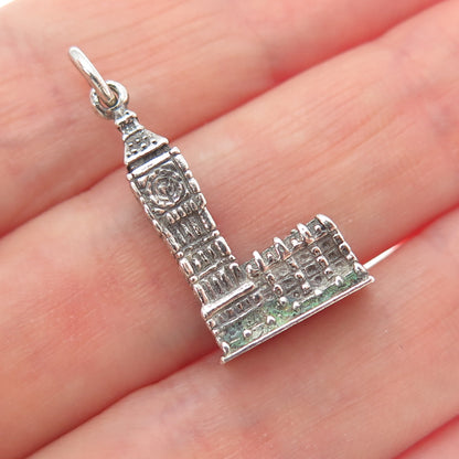 925 Sterling Silver Vintage Big Ben Oxidized Minimalist 3D Charm Pendant