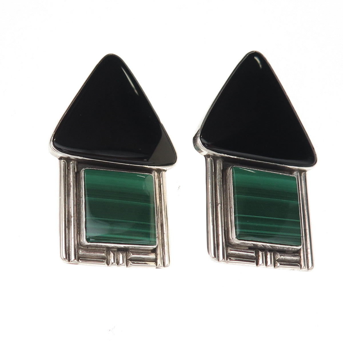 Sam Lovato Christopher's Old Pawn Sterling 1991 Malachite Onyx Clip On Earrings