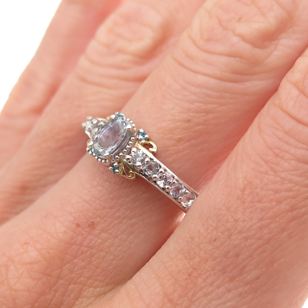 Chuck Clemency 925 Sterling Silver 2-Tone Real Tanzanite & Apatite Ring Size 8