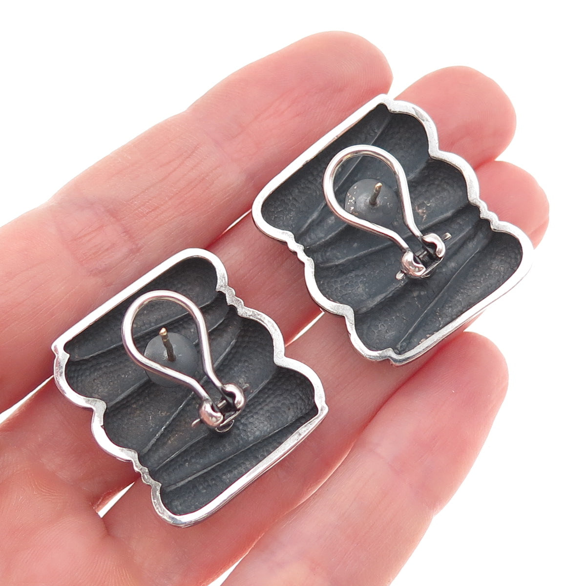 Krypell 925 Sterling Silver Vintage Modernist Oxidized Omega Back Earrings