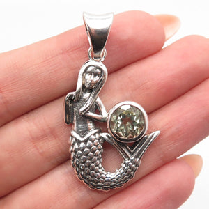 925 Sterling Silver Vintage Real Prasiolite Gemstone Mythical Mermaid Pendant