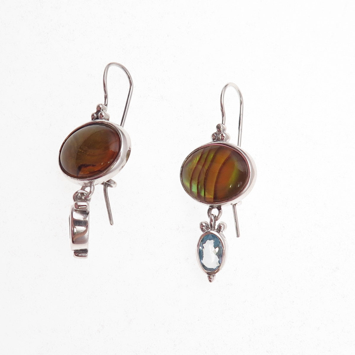 925 Sterling Silver Vintage Real Blue Topaz & Abalone Shell Dangle Earrings