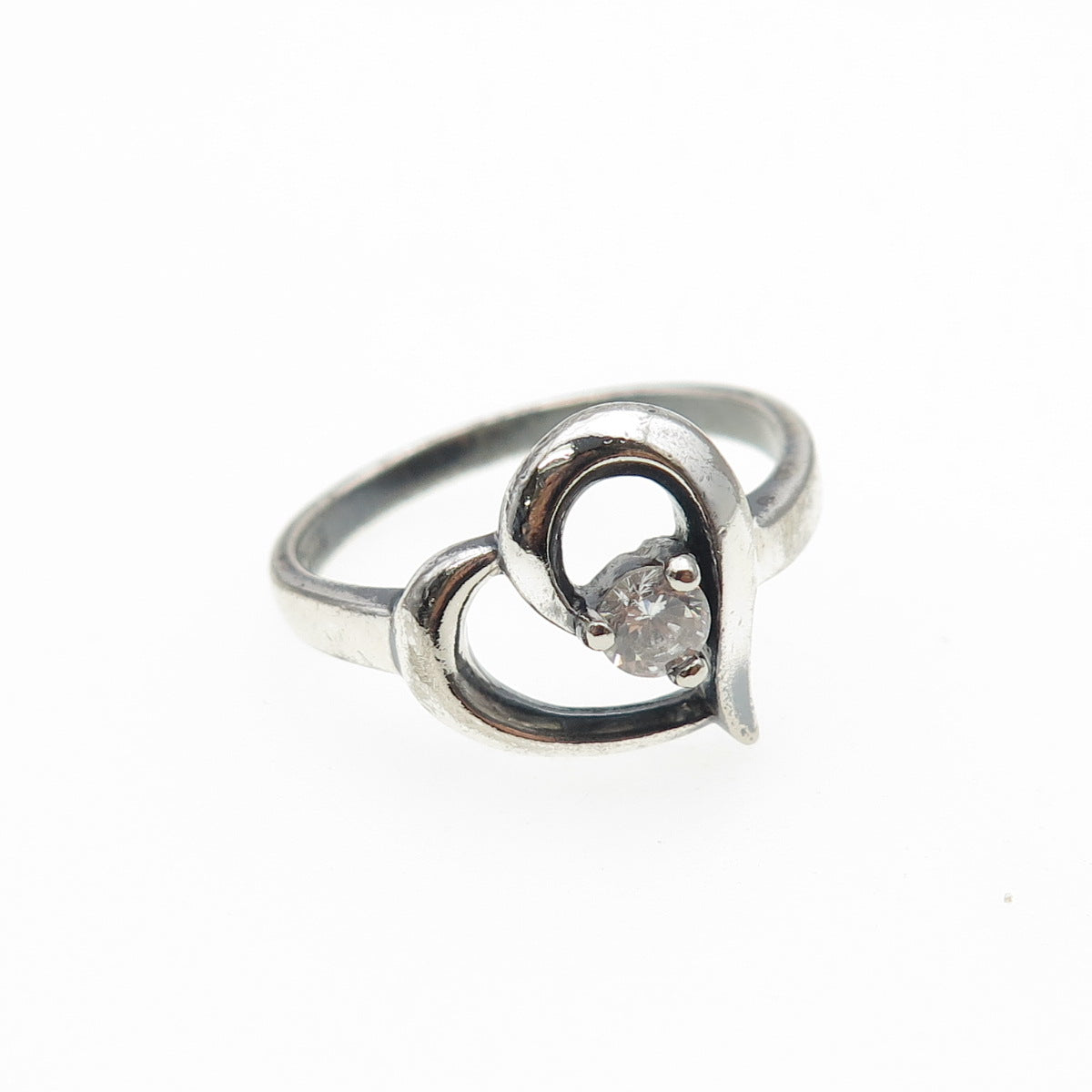 925 Sterling Silver Vintage Round-Cut C Z Heart Oxidized Ring Size 8