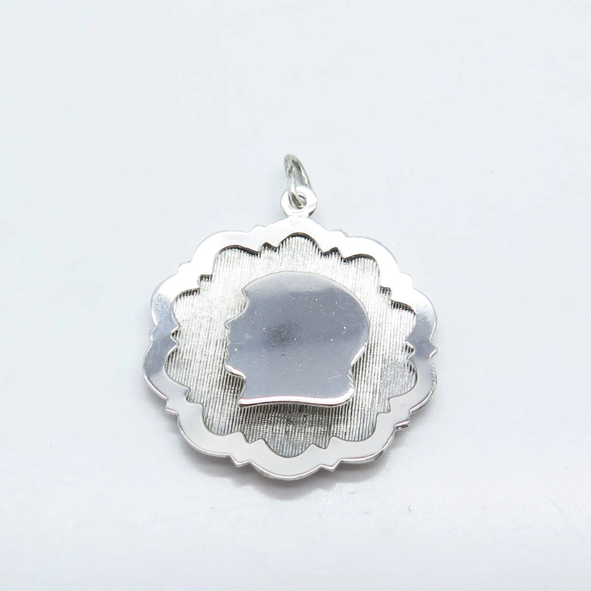 925 Sterling Silver Vintage Girl Face Profile Textured Pendant