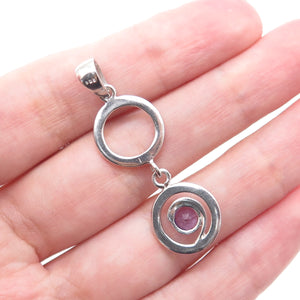 925 Sterling Silver Vintage Real Round-Cut Amethyst Circle Drop Charm Pendant