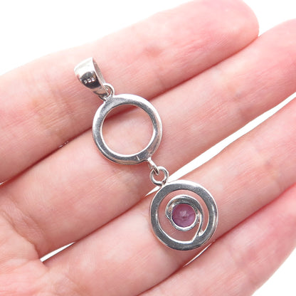 925 Sterling Silver Vintage Real Round-Cut Amethyst Circle Drop Charm Pendant