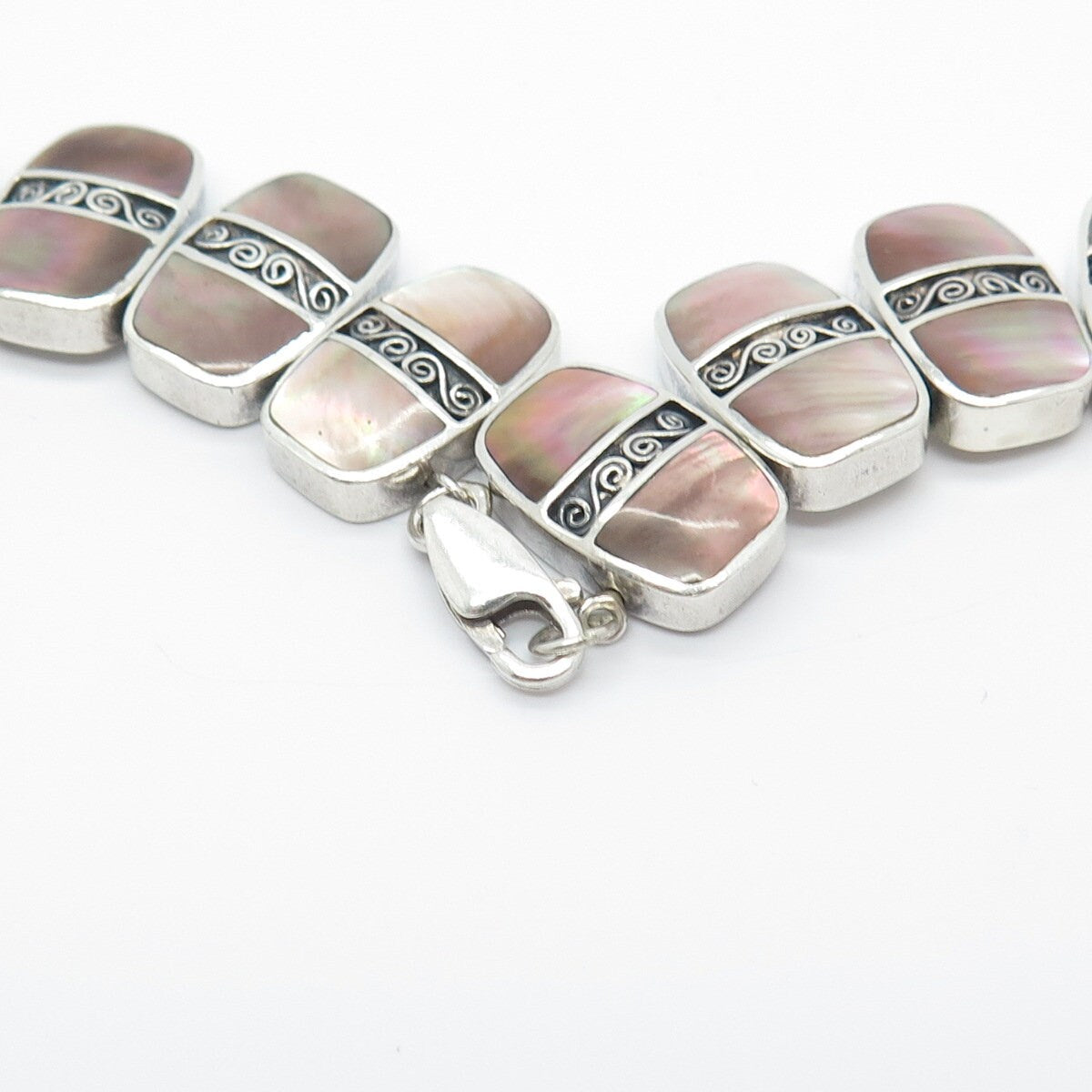 Sterling Silver Vintage ACLEONI Real Mother-of-Pearl Swirl Slide Necklace 16"
