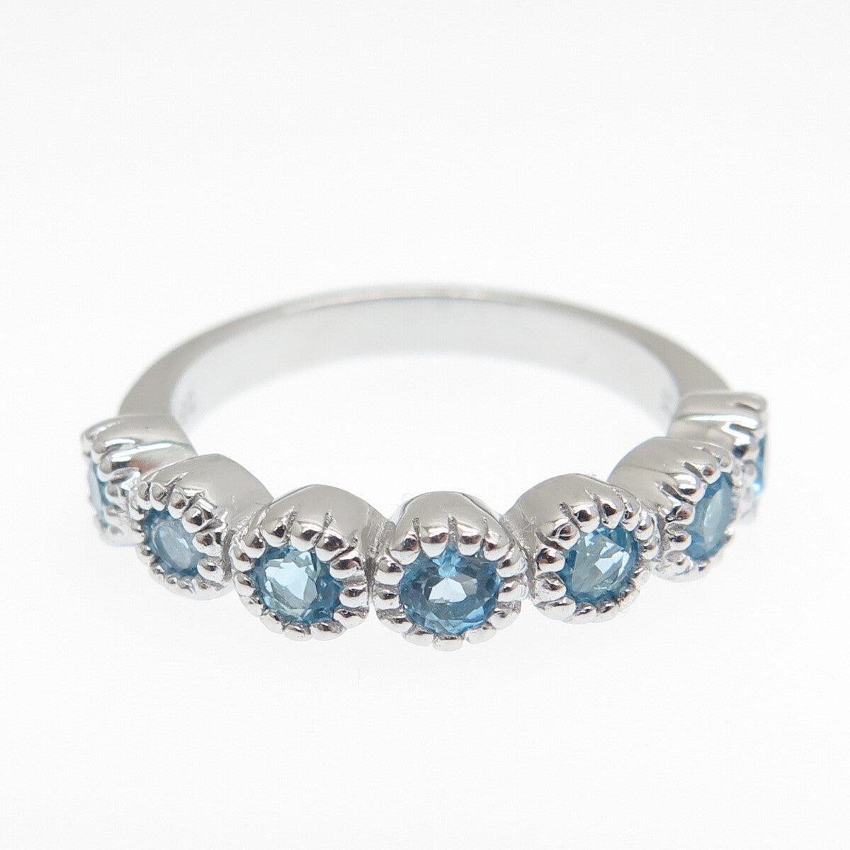 DSMK 925 Sterling Silver Real Round-Cut Blue Topaz Ring Size 7.25
