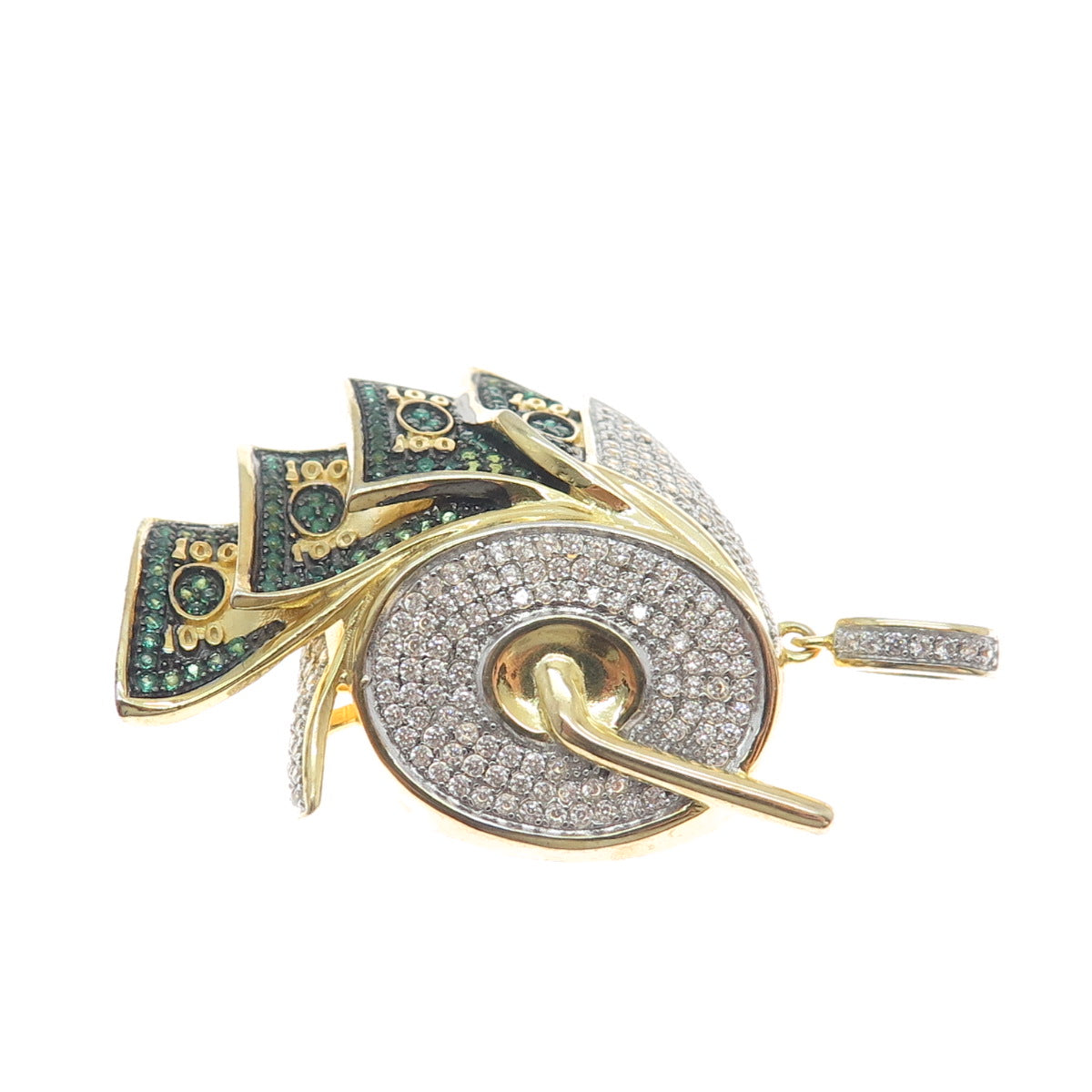 925 Sterling Silver Gold Plated White & Green C Z Roll of Money Pendant