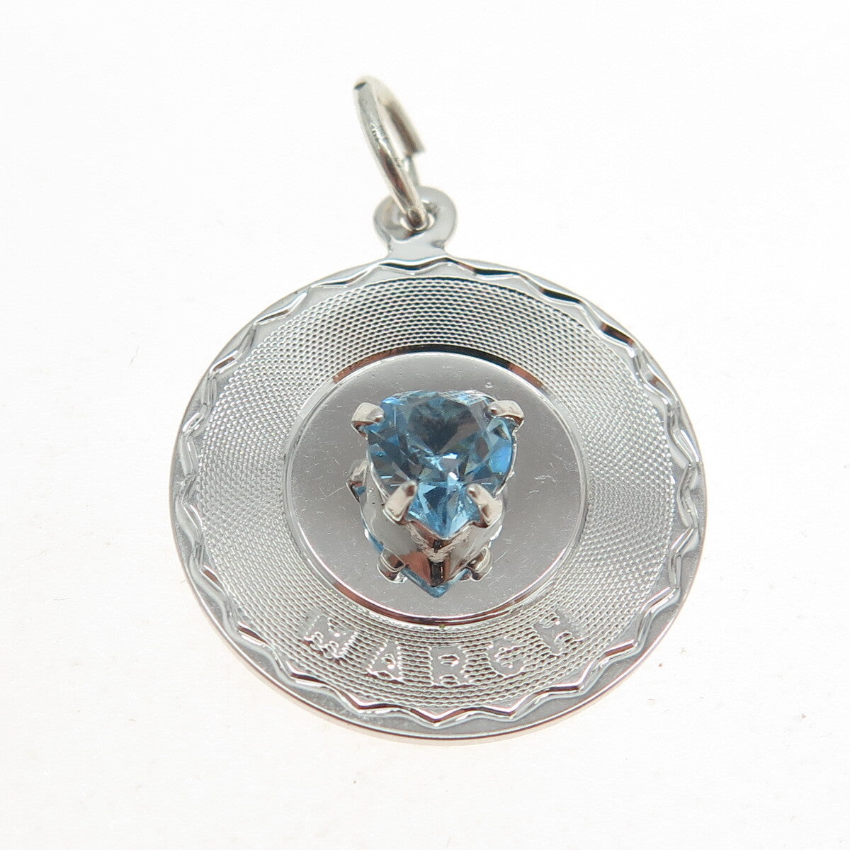 925 Sterling Silver Heart-Cut Blue Rhinestone "March" Pendant