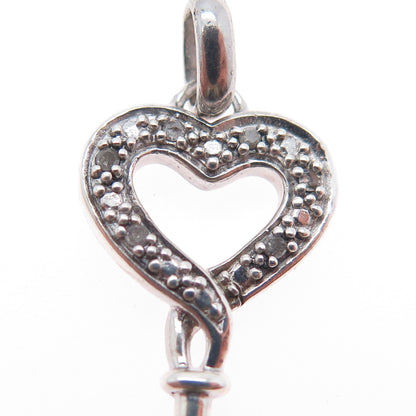 925 Sterling Silver Real Round-Cut Diamond Heart Key Charm Pendant