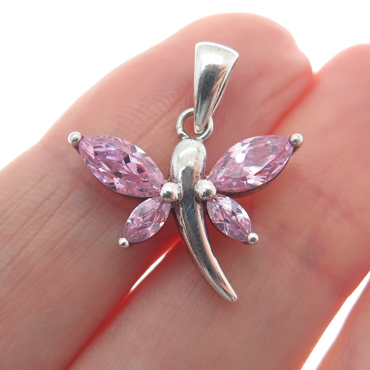 925 Sterling Silver Vintage Pink Marquise-Cut Shaped C Z Dragonfly Pendant