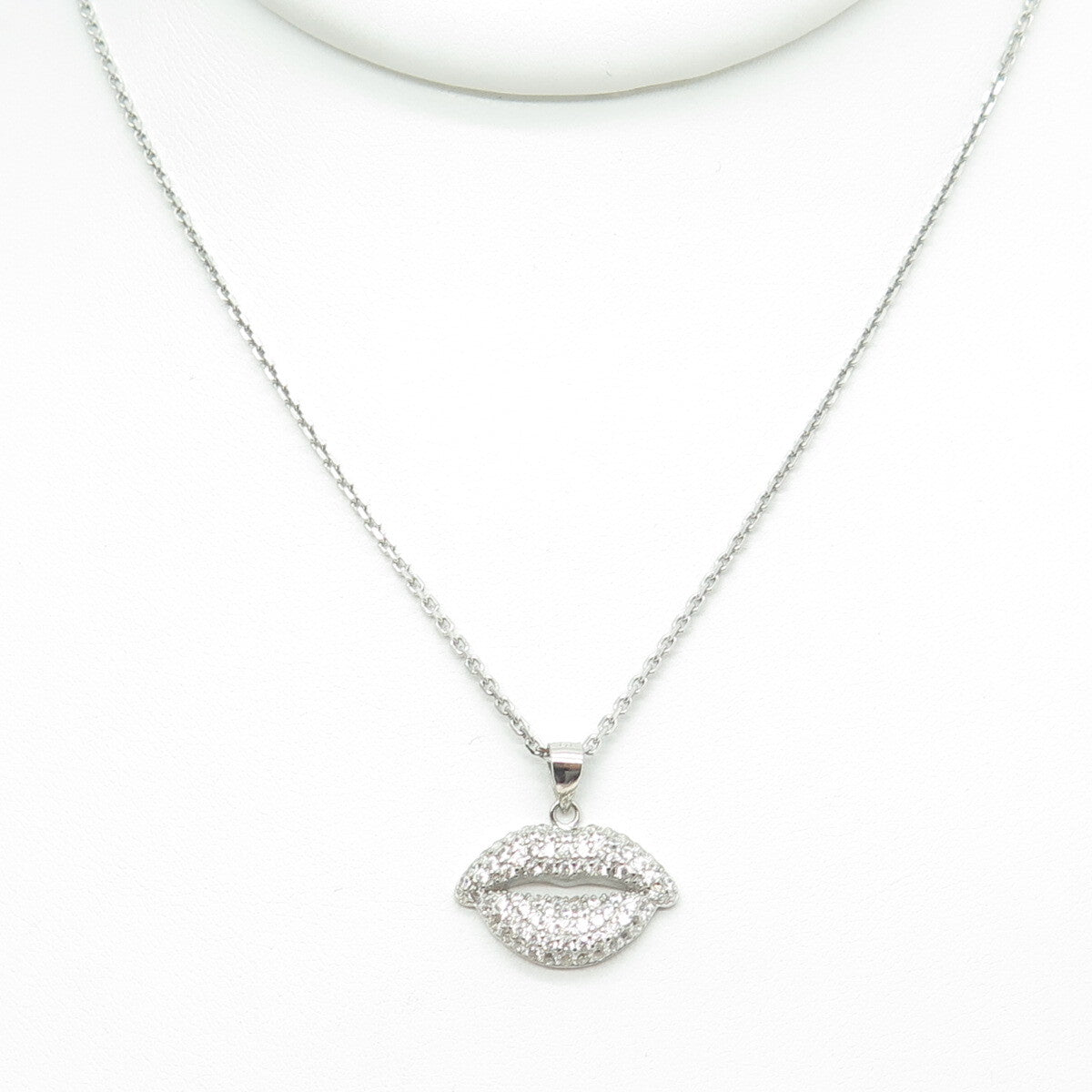 925 Sterling Silver Round-Cut C Z Lips Cable Chain Necklace 16"