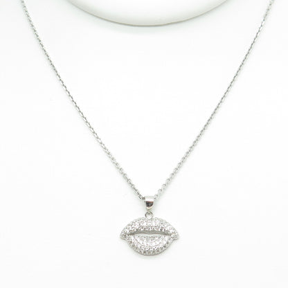 925 Sterling Silver Round-Cut C Z Lips Cable Chain Necklace 16"