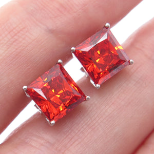 925 Sterling Silver Princess-Cut Fire C Z Stud Earrings