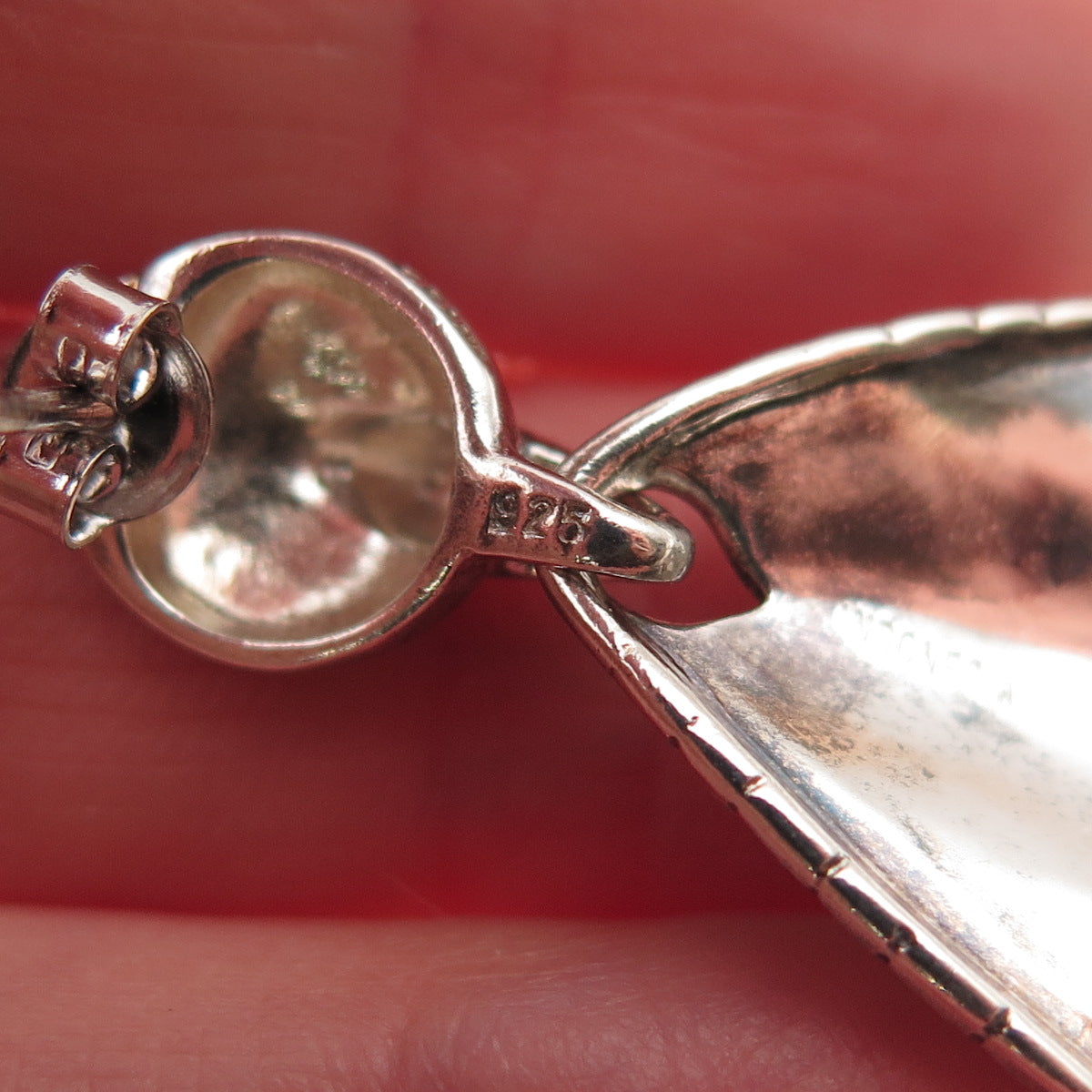 Elizabeth Rand Sterling Silver Vintage Modernist Petal Oxidized Dangle Earrings