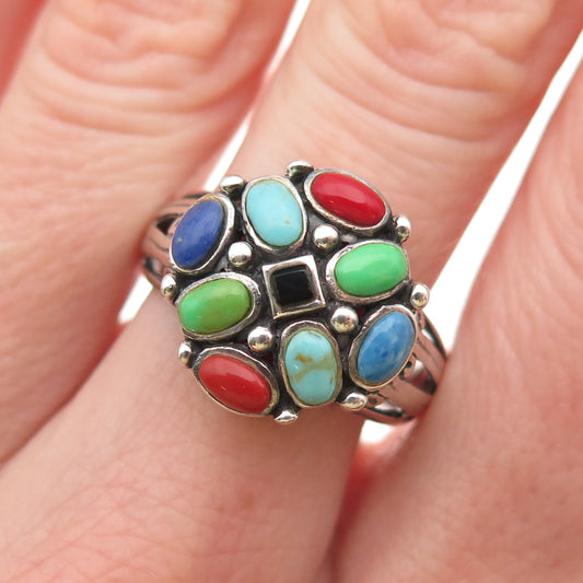 Sidney Evan 925 Sterling Silver Vintage Real Multi-Color Gem Cluster Ring Size 8