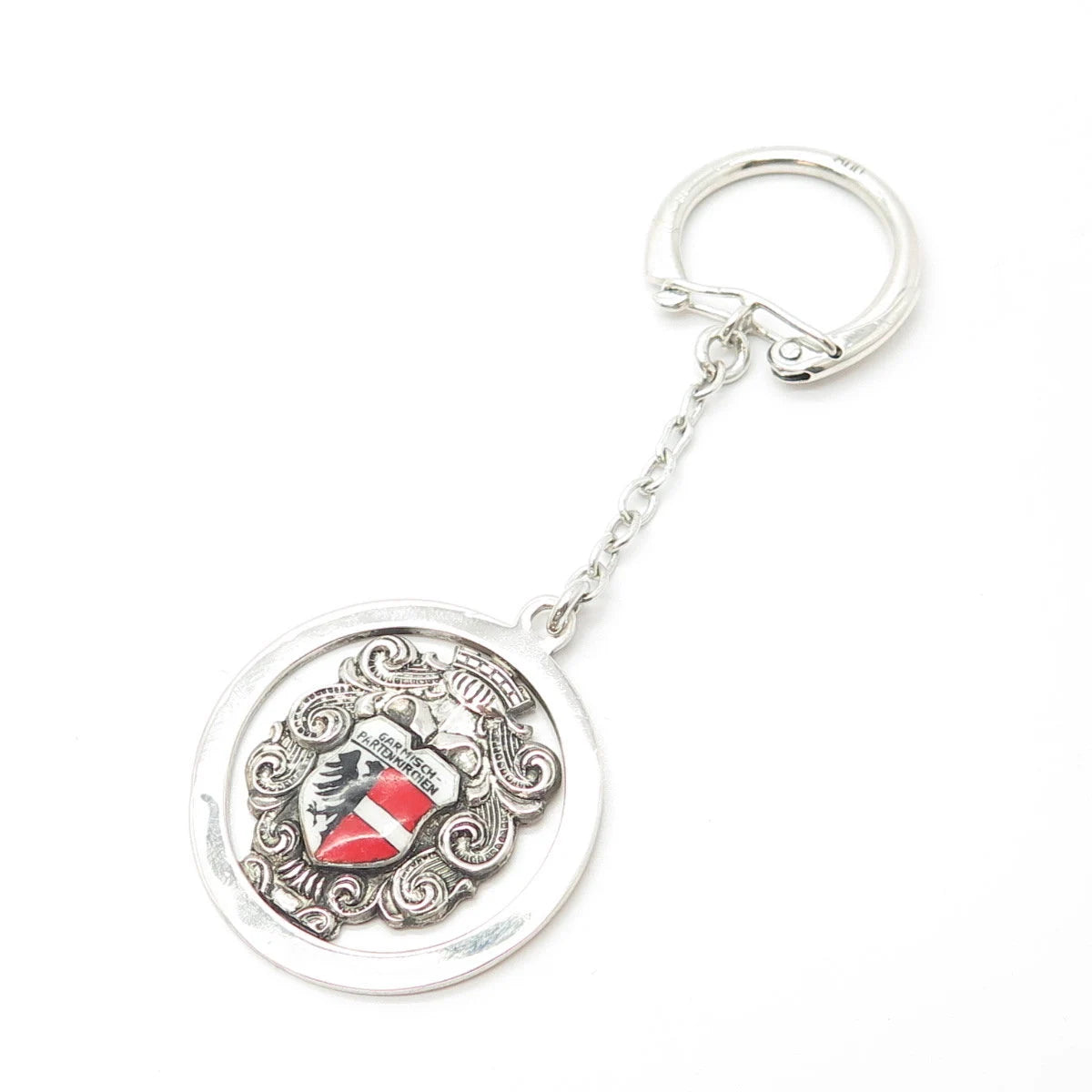 800 Silver Vintage Enamel "Garmisch-Partenkirchen" Coat of Arms Key Ring w/Chain