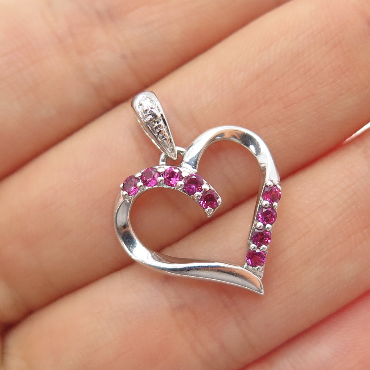 925 Sterling Real Diamond Accent & Lab-Created Pink Sapphire Heart Charm Pendant