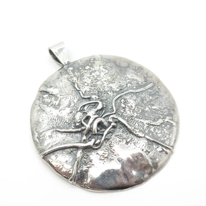 925 Sterling Silver Vintage Brutalist Modernist Large Round Pendant