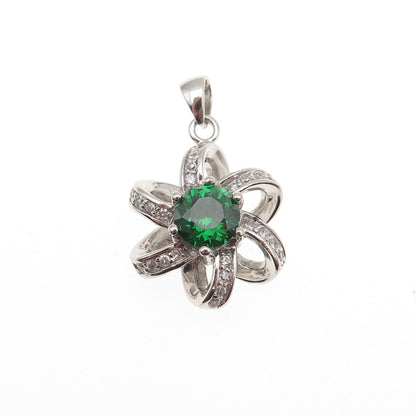 925 Sterling Silver Round-Cut Green & White C Z Floral Charm Pendant