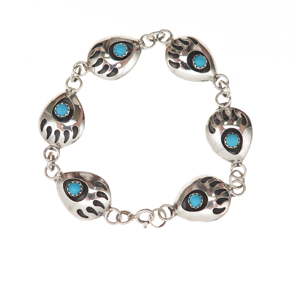 Sally Jack Navajo Old Pawn 925 Sterling Vintage Turquoise Bear Paw Bracelet 7"