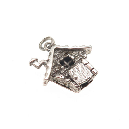 925 Sterling Silver Vintage Enamel Cabin Heart Oxidized Mini Open Charm Pendant
