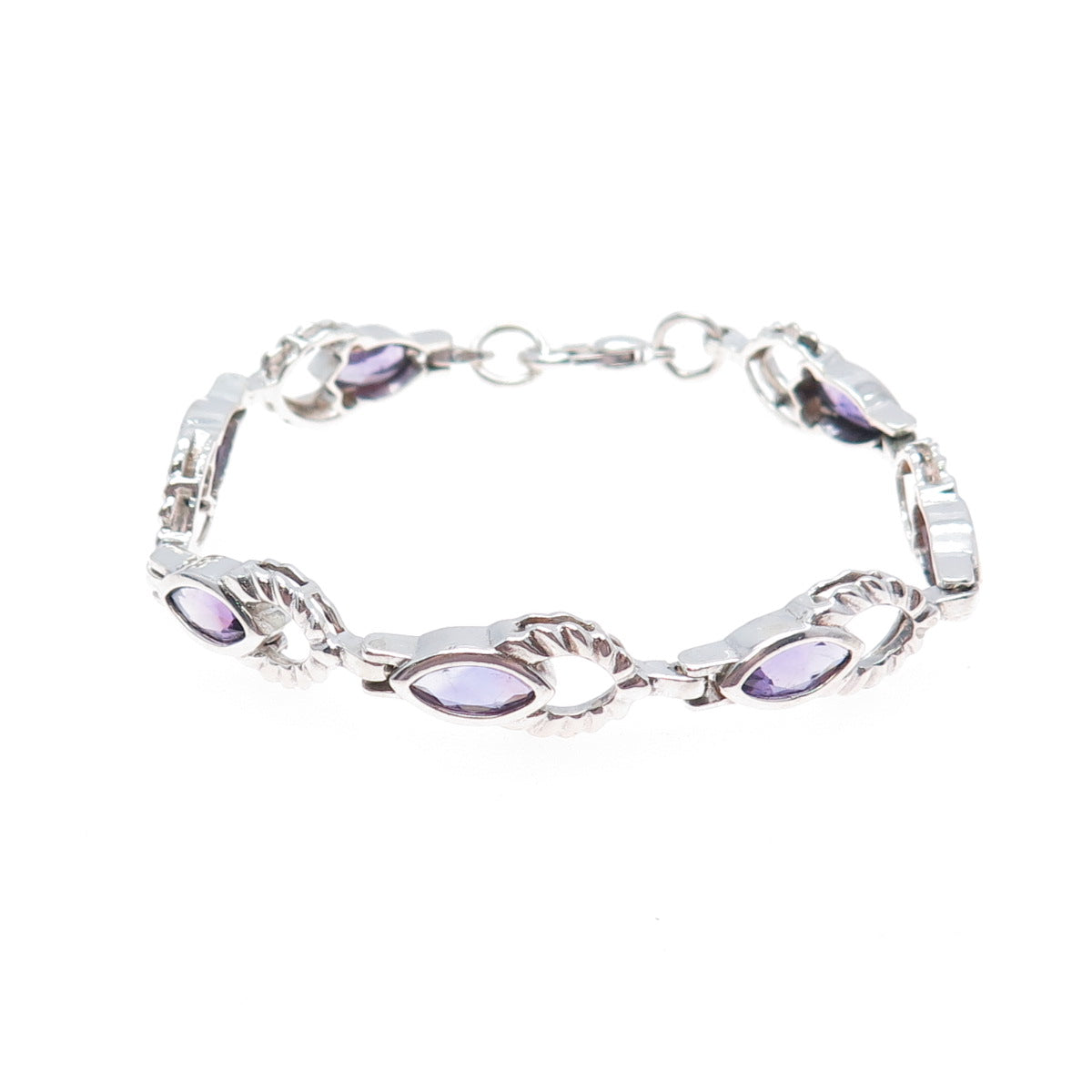 925 Sterling Silver Vintage Real Marquise-Cut Amethyst Modernist Bracelet 7"