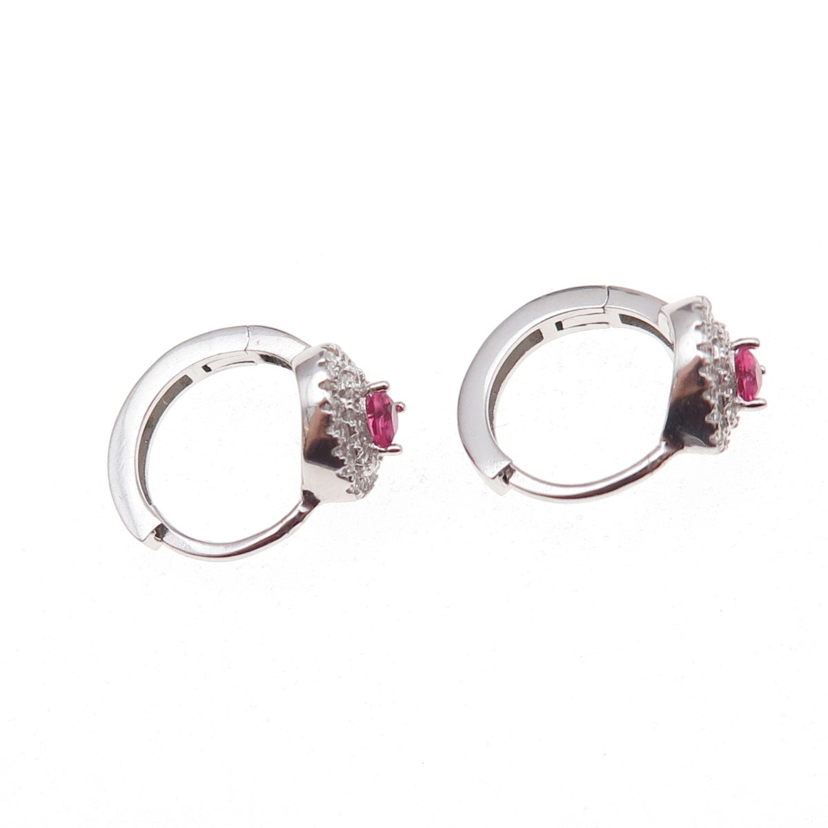 925 Sterling Silver Pink & White C Z Hoop Earrings