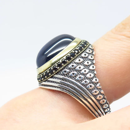 925 Sterling Silver 2-Tone Vintage Melanite Gem & Blue Glass Ring Size 10.25