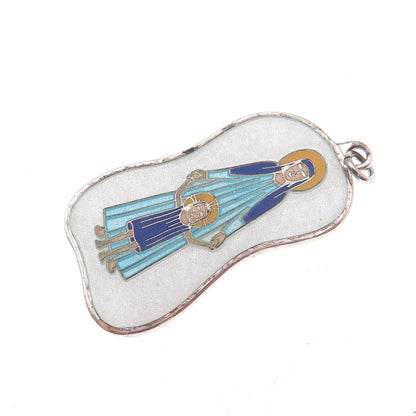 Creed Sterling Silver Antique Art Deco Enamel Virgin Mary & Child Jesus Pendant