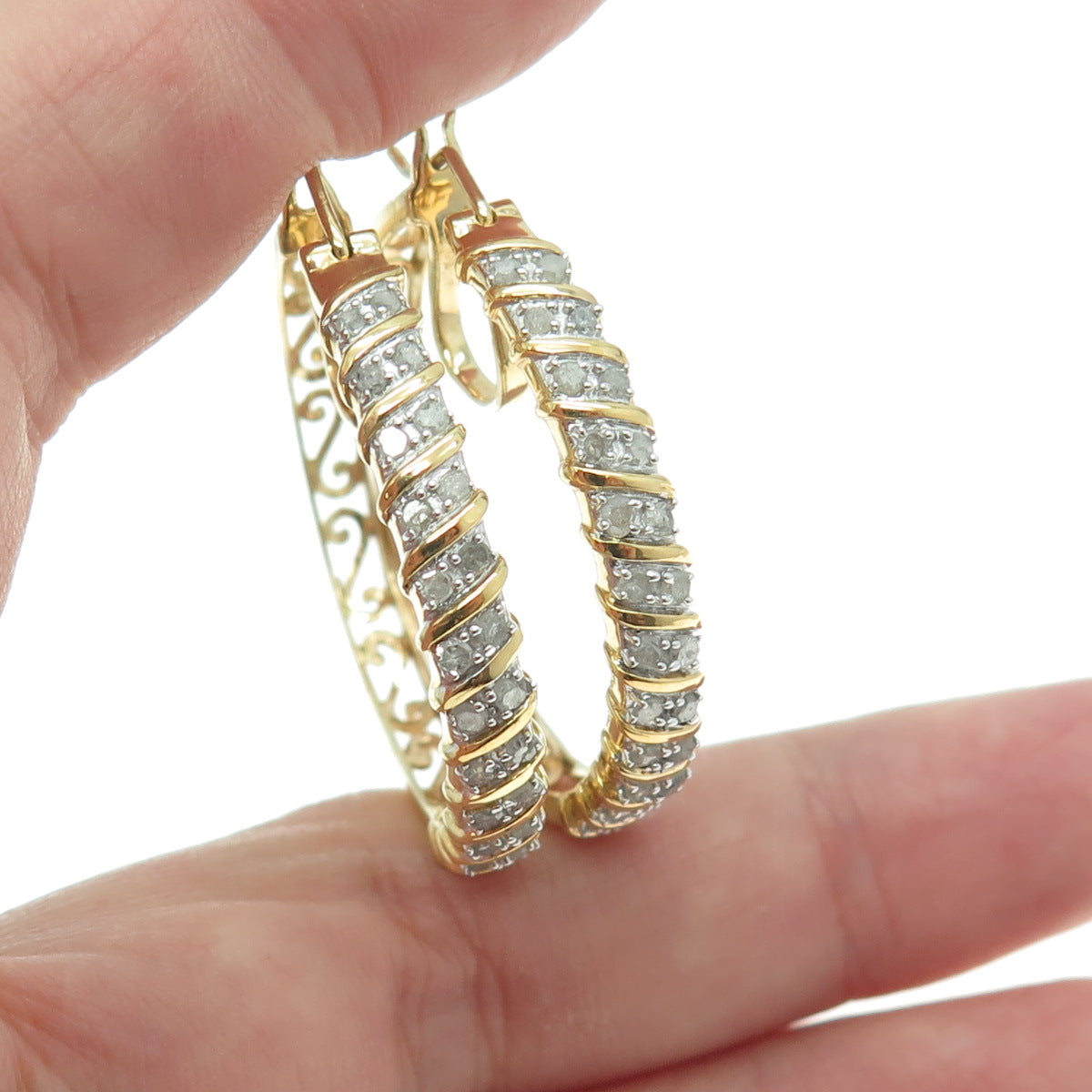 925 Sterling Silver Gold Plated Real Round-Cut Diamond Ornate Hoop Earrings