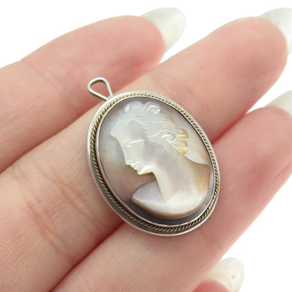 800 Silver 2-Tone Antique Art Deco Real Carved Abalone Shell Lady Cameo Pendant