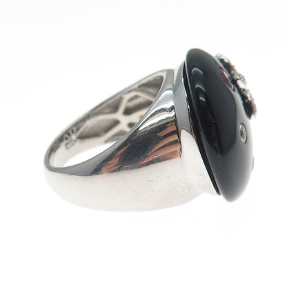 CLYDE DUNEIER CID 925 Sterling Silver Real Onyx Ruby Topaz Flower Ring Size 5.25