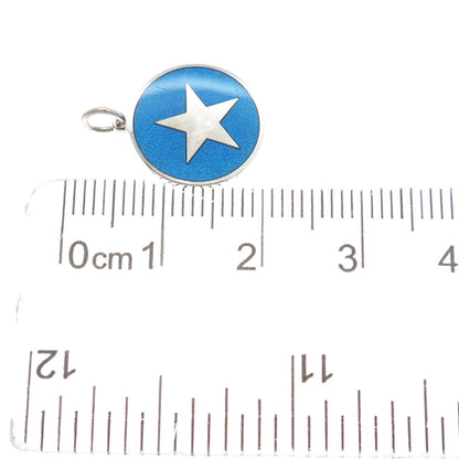 925 Sterling Silver Blue Enamel Star Round Tag Minimalist Charm Pendant