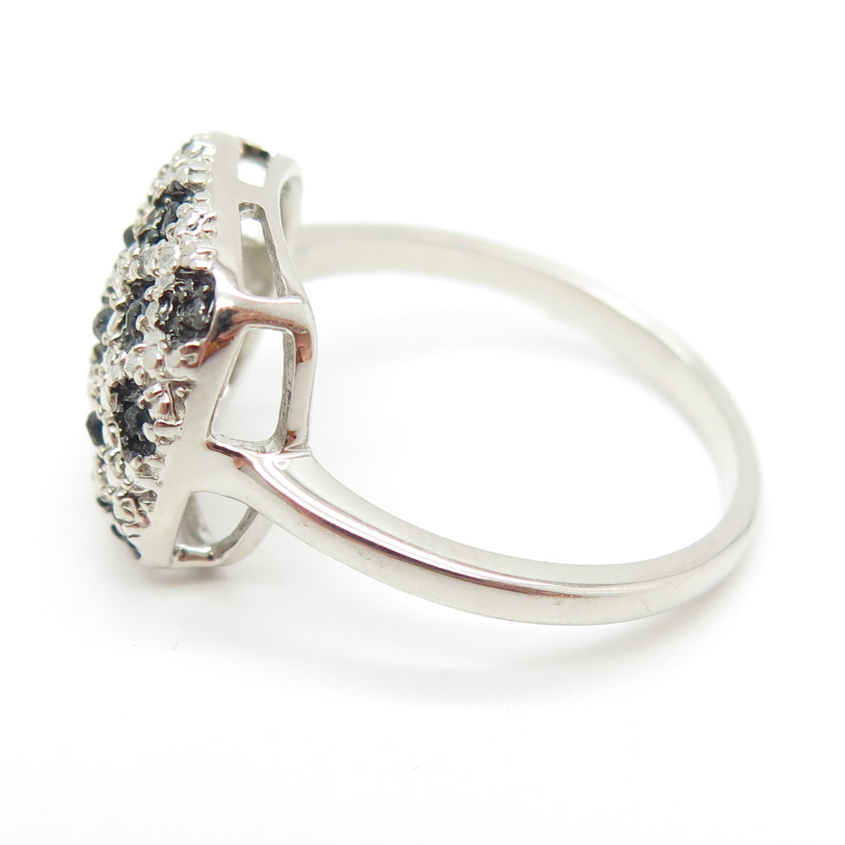 925 Sterling Silver Real Round-Cut Black Diamond Lattice Pattern Ring Size 9