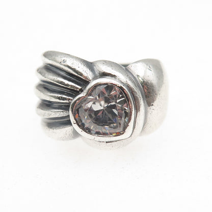 925 Sterling Silver Vintage Heart-Cut C Z Modernist Oxidized Ring Size 7.25