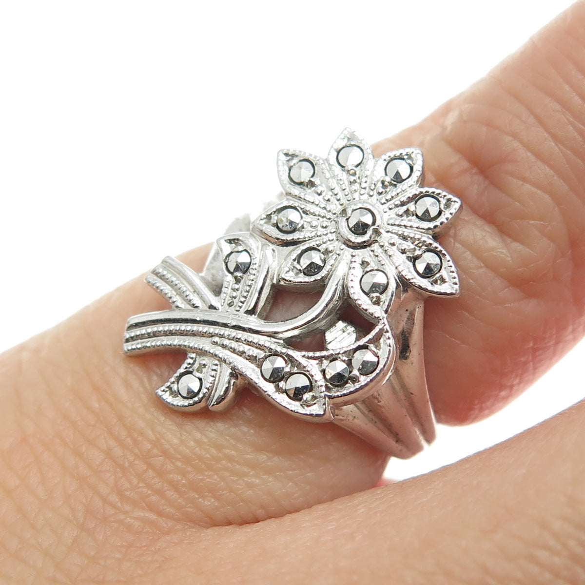 925 Sterling Silver Antique Art Deco Real Marcasite Gem Floral Ring Size 3.75