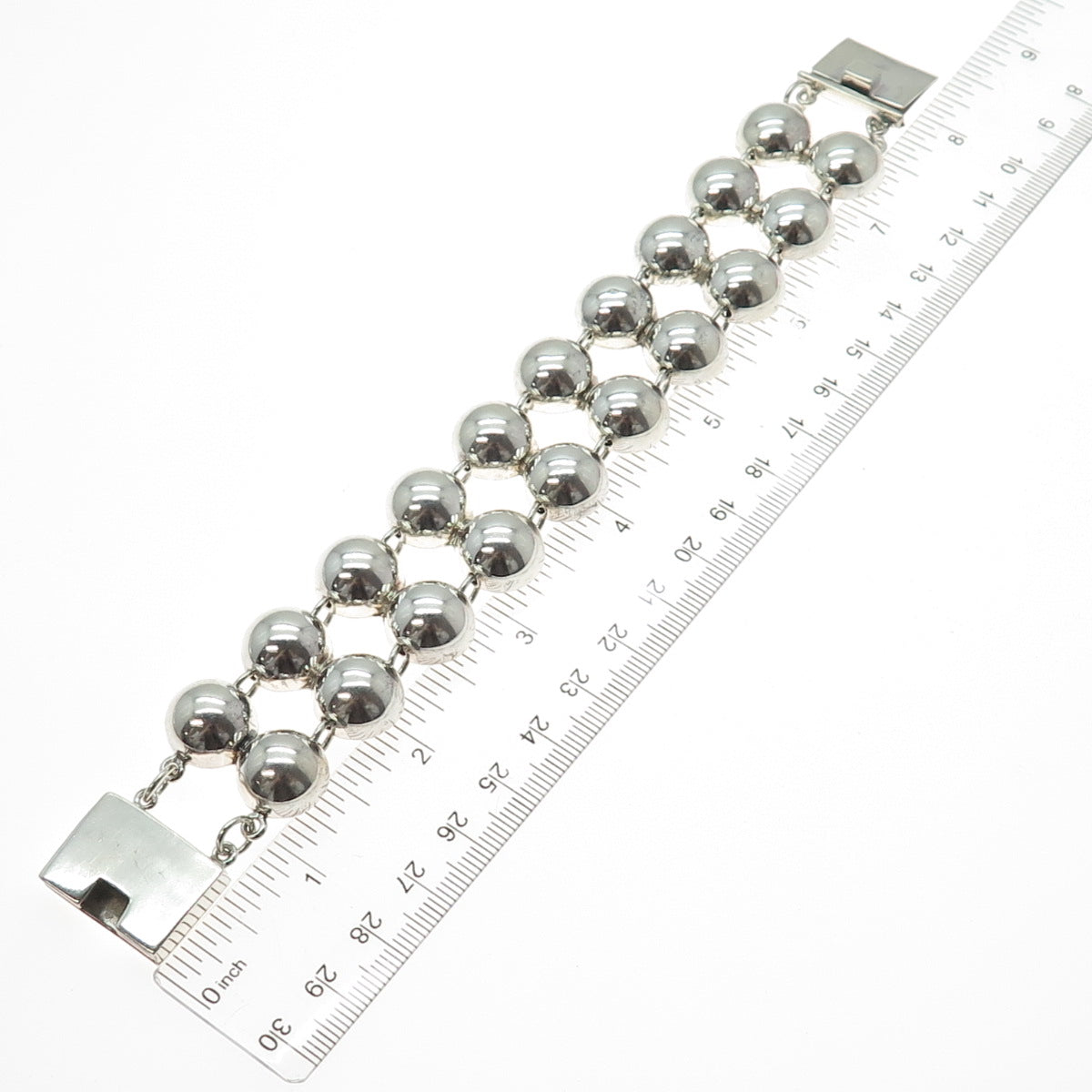 TURE 925 Sterling Silver Vintage Modernist 2-Row Beaded Link Bracelet 7.5"