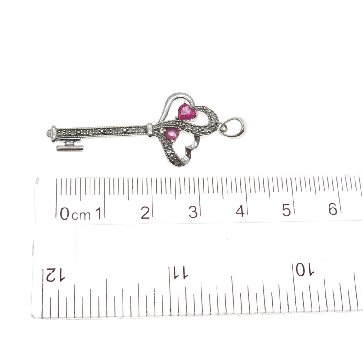 925 Sterling Silver Real Diamond & Ruby Heart Key Charm Pendant