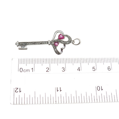 925 Sterling Silver Real Diamond & Ruby Heart Key Charm Pendant