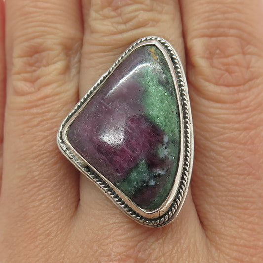 925 Sterling Silver Vintage Real Zoisite Ruby Modernist Ring Size 7.75