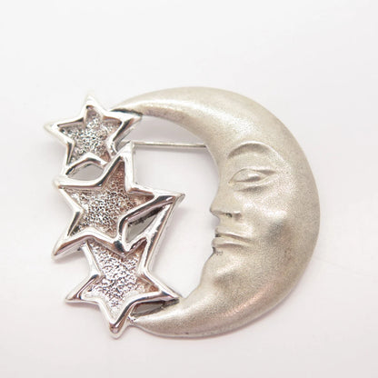 925 Sterling Silver Vintage Mexico Crescent Moon Face & Star Pin Brooch